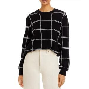 NWT AQUA Windowpane Cashmere Crewneck Sweater Black/White XS